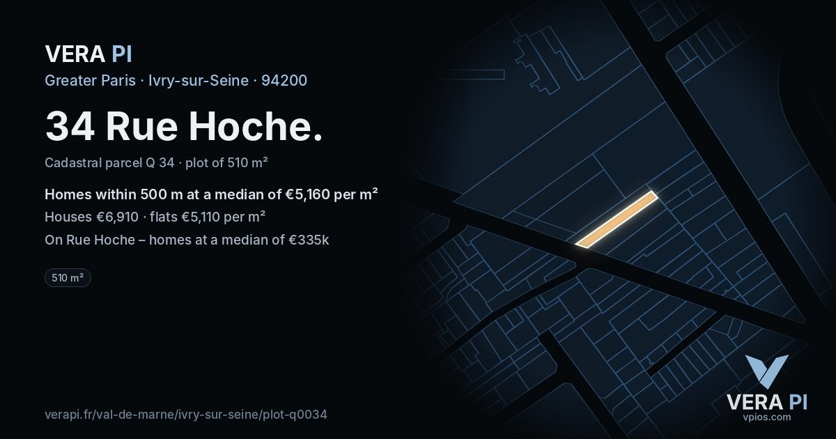 34 Rue Hoche, Ivry-sur-Seine at night – the plot lit, the parcels around coloured by the prices near them