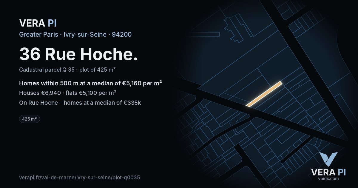 36 Rue Hoche, Ivry-sur-Seine at night – the plot lit, the parcels around coloured by the prices near them