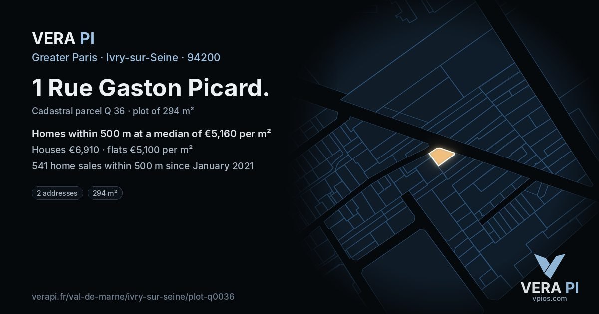 1 Rue Gaston Picard, Ivry-sur-Seine at night – the plot lit, the parcels around coloured by the prices near them