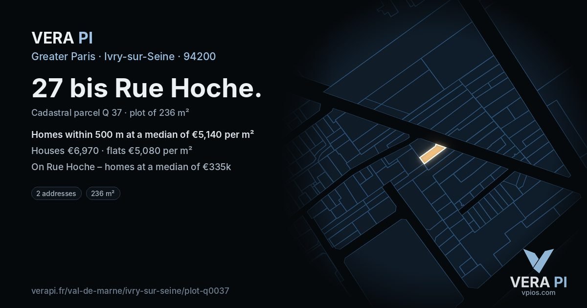 27 bis Rue Hoche, Ivry-sur-Seine at night – the plot lit, the parcels around coloured by the prices near them
