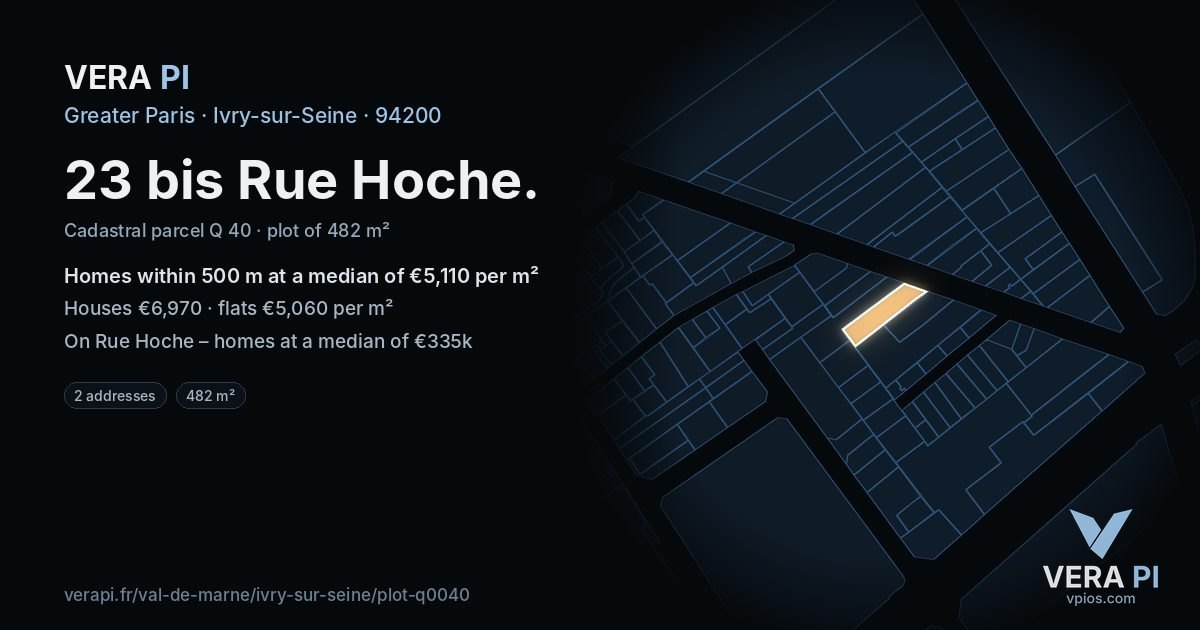 23 bis Rue Hoche, Ivry-sur-Seine at night – the plot lit, the parcels around coloured by the prices near them
