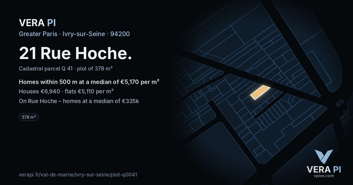 21 Rue Hoche, Ivry-sur-Seine at night – the plot lit, the parcels around coloured by the prices near them