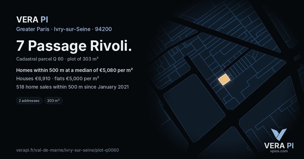 7 Passage Rivoli, Ivry-sur-Seine at night – the plot lit, the parcels around coloured by the prices near them