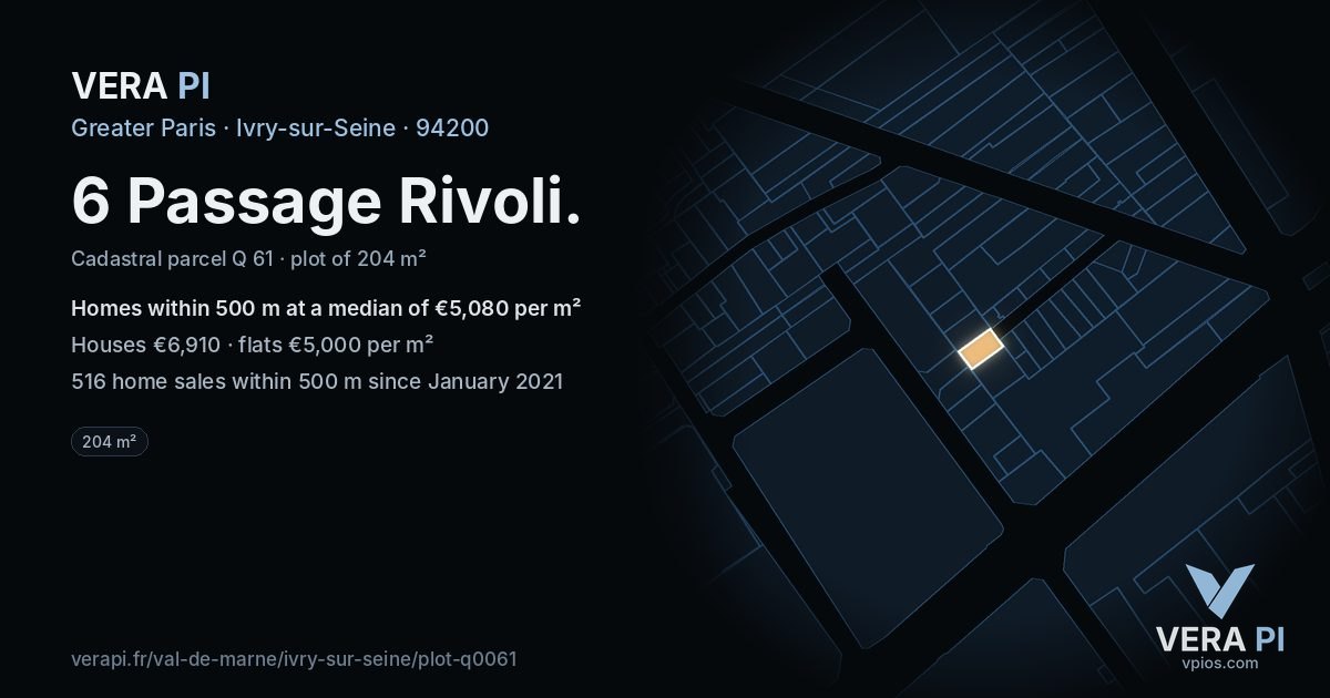 6 Passage Rivoli, Ivry-sur-Seine at night – the plot lit, the parcels around coloured by the prices near them