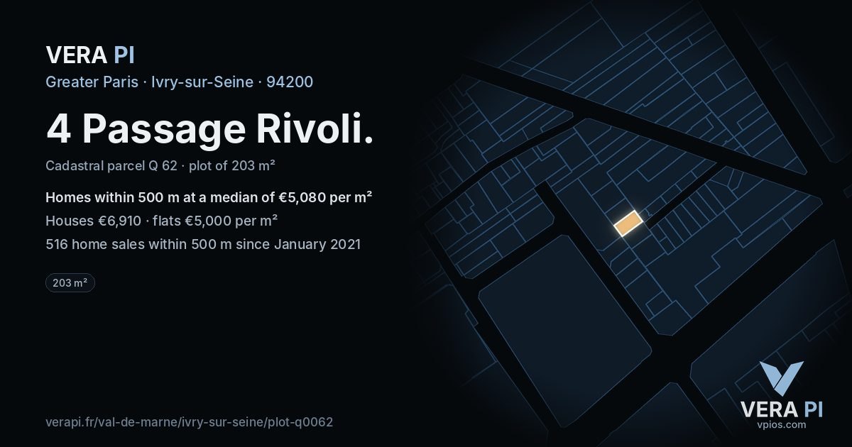 4 Passage Rivoli, Ivry-sur-Seine at night – the plot lit, the parcels around coloured by the prices near them