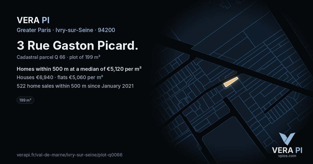 3 Rue Gaston Picard, Ivry-sur-Seine at night – the plot lit, the parcels around coloured by the prices near them