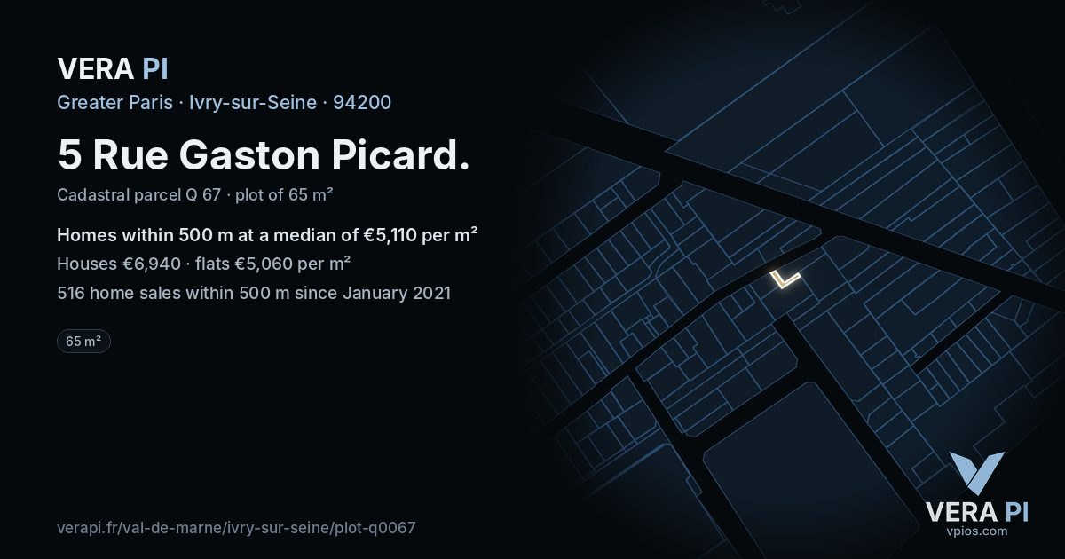 5 Rue Gaston Picard, Ivry-sur-Seine at night – the plot lit, the parcels around coloured by the prices near them