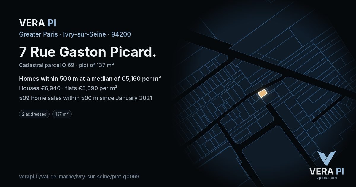 7 Rue Gaston Picard, Ivry-sur-Seine at night – the plot lit, the parcels around coloured by the prices near them