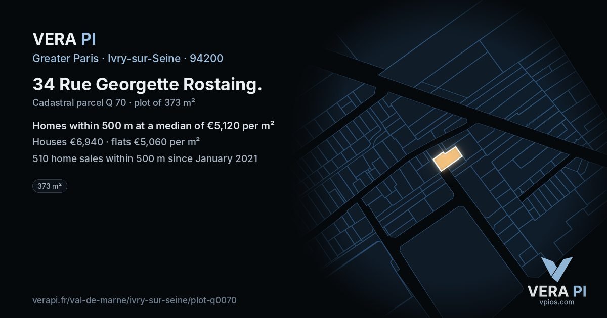 34 Rue Georgette Rostaing, Ivry-sur-Seine at night – the plot lit, the parcels around coloured by the prices near them