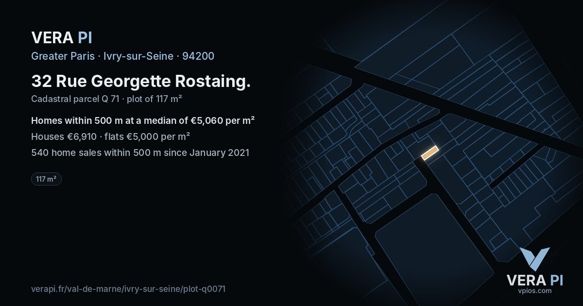 32 Rue Georgette Rostaing, Ivry-sur-Seine at night – the plot lit, the parcels around coloured by the prices near them