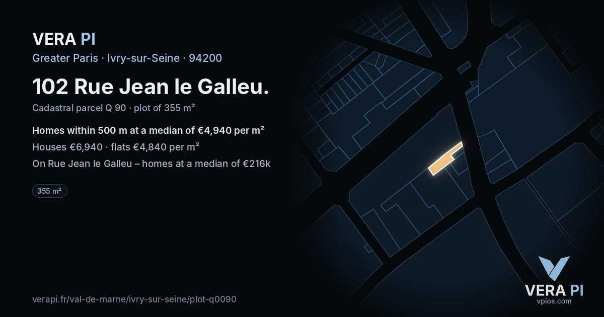 102 Rue Jean le Galleu, Ivry-sur-Seine at night – the plot lit, the parcels around coloured by the prices near them