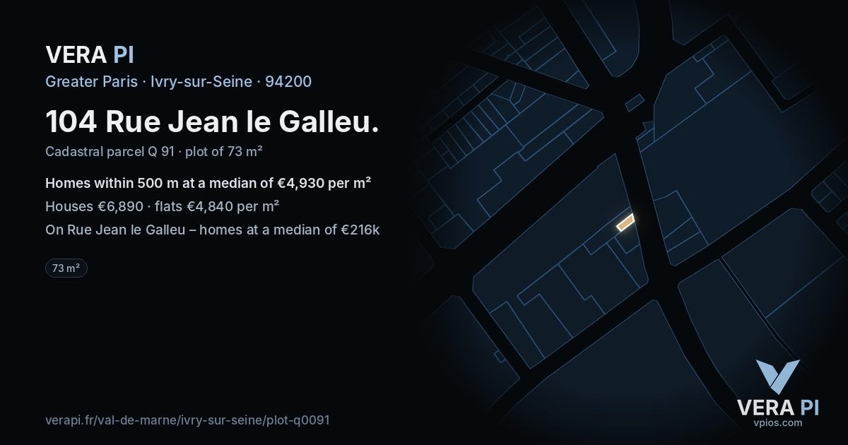 104 Rue Jean le Galleu, Ivry-sur-Seine at night – the plot lit, the parcels around coloured by the prices near them