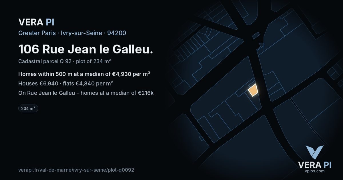 106 Rue Jean le Galleu, Ivry-sur-Seine at night – the plot lit, the parcels around coloured by the prices near them