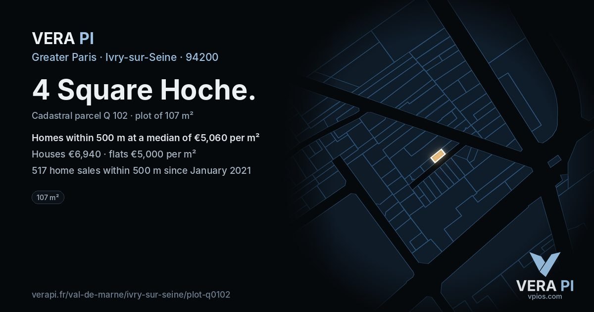 4 Square Hoche, Ivry-sur-Seine at night – the plot lit, the parcels around coloured by the prices near them