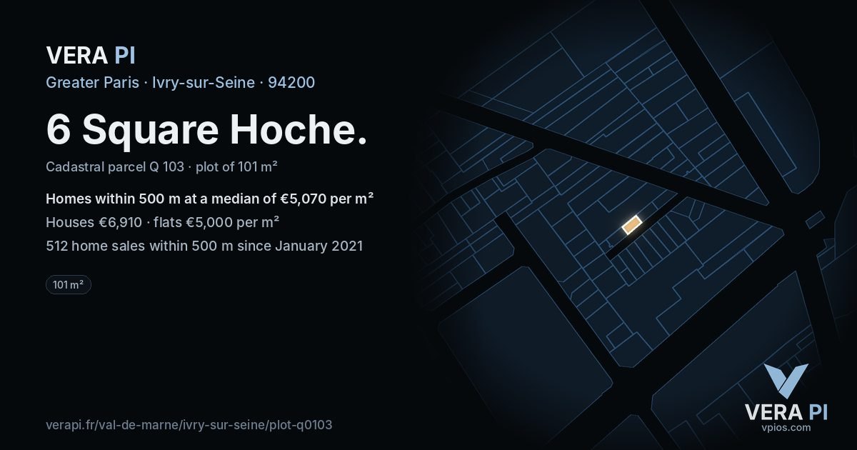 6 Square Hoche, Ivry-sur-Seine at night – the plot lit, the parcels around coloured by the prices near them