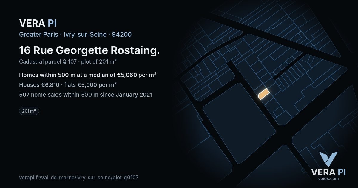 16 Rue Georgette Rostaing, Ivry-sur-Seine at night – the plot lit, the parcels around coloured by the prices near them