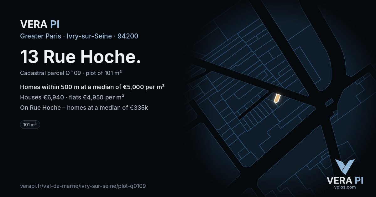 13 Rue Hoche, Ivry-sur-Seine at night – the plot lit, the parcels around coloured by the prices near them