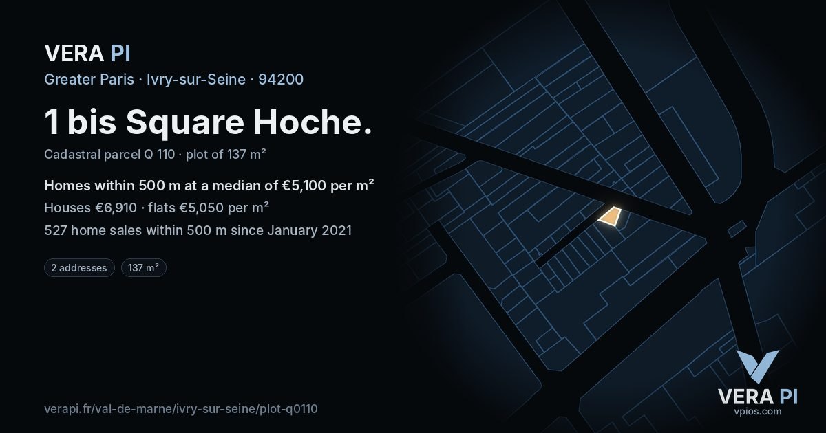 1 bis Square Hoche, Ivry-sur-Seine at night – the plot lit, the parcels around coloured by the prices near them