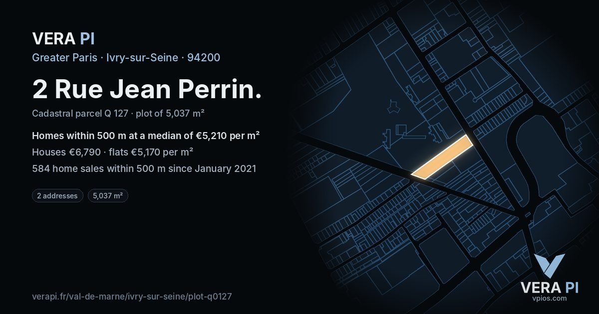 2 Rue Jean Perrin, Ivry-sur-Seine at night – the plot lit, the parcels around coloured by the prices near them