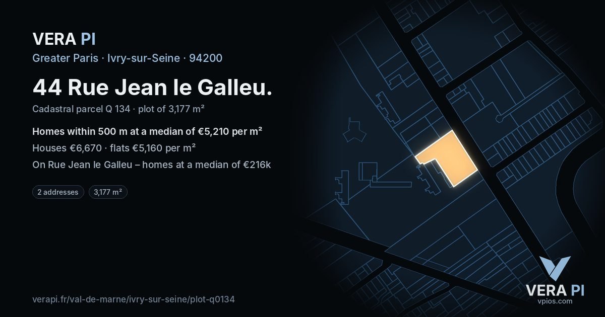 44 Rue Jean le Galleu, Ivry-sur-Seine at night – the plot lit, the parcels around coloured by the prices near them