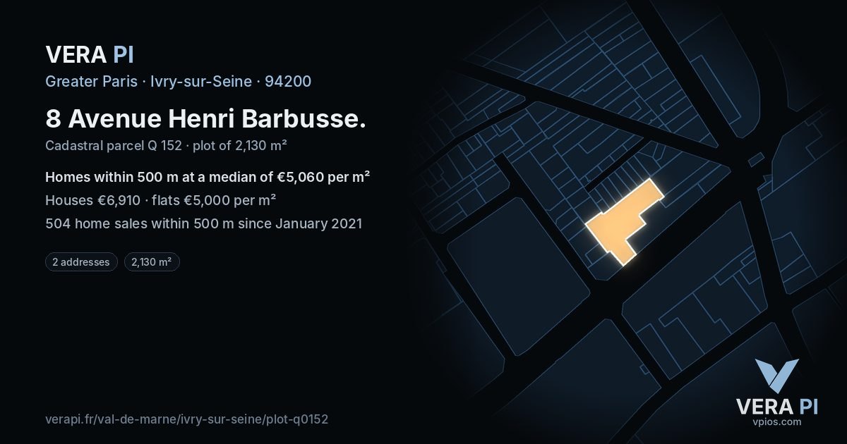 8 Avenue Henri Barbusse, Ivry-sur-Seine at night – the plot lit, the parcels around coloured by the prices near them