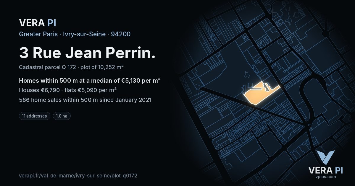 3 Rue Jean Perrin, Ivry-sur-Seine at night – the plot lit, the parcels around coloured by the prices near them