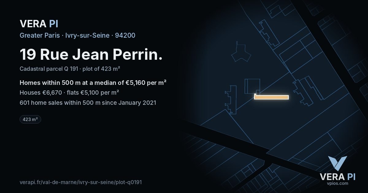 19 Rue Jean Perrin, Ivry-sur-Seine at night – the plot lit, the parcels around coloured by the prices near them