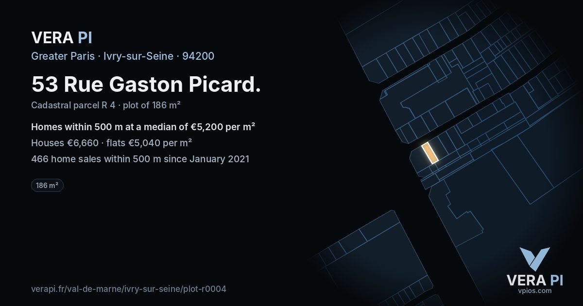 53 Rue Gaston Picard, Ivry-sur-Seine at night – the plot lit, the parcels around coloured by the prices near them