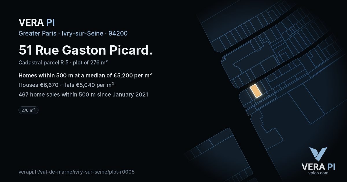 51 Rue Gaston Picard, Ivry-sur-Seine at night – the plot lit, the parcels around coloured by the prices near them