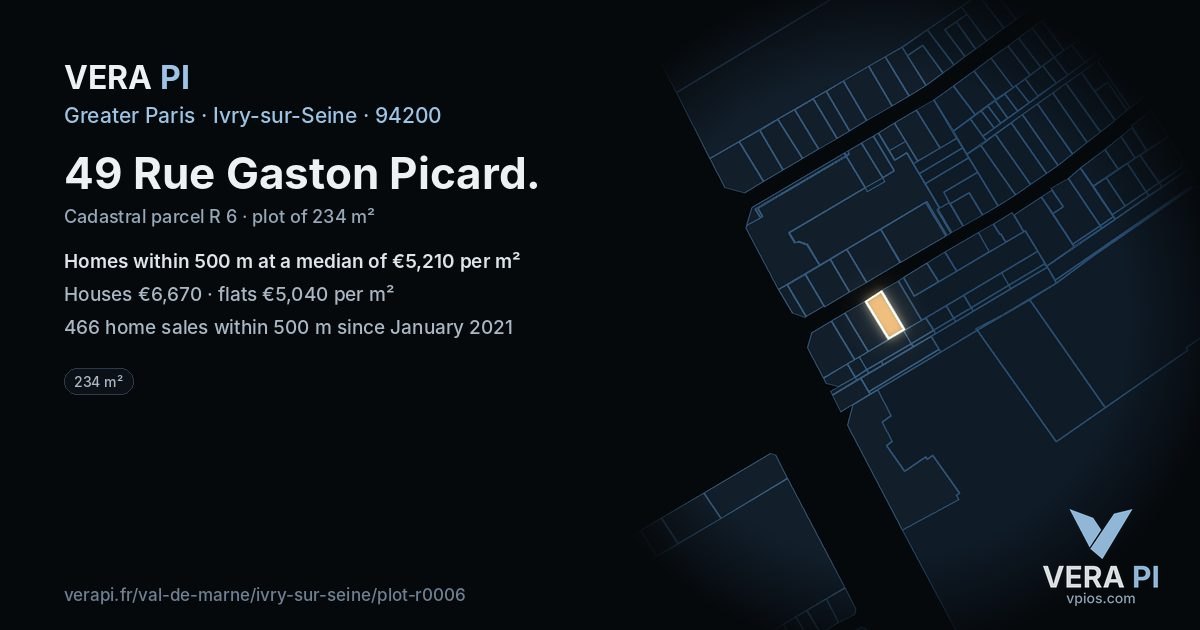 49 Rue Gaston Picard, Ivry-sur-Seine at night – the plot lit, the parcels around coloured by the prices near them