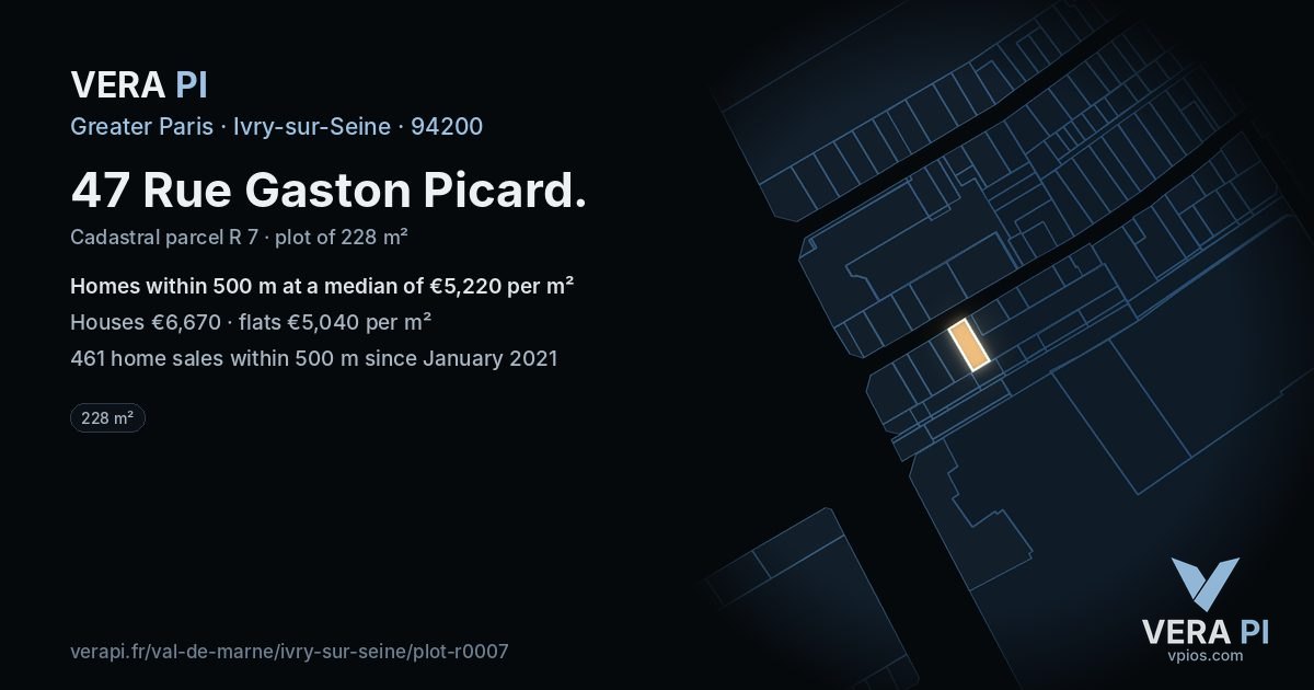 47 Rue Gaston Picard, Ivry-sur-Seine at night – the plot lit, the parcels around coloured by the prices near them