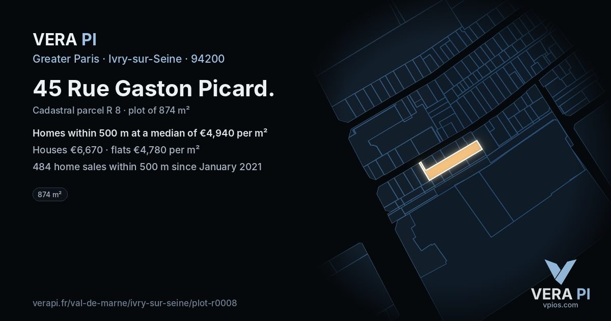 45 Rue Gaston Picard, Ivry-sur-Seine at night – the plot lit, the parcels around coloured by the prices near them