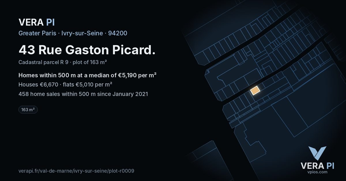 43 Rue Gaston Picard, Ivry-sur-Seine at night – the plot lit, the parcels around coloured by the prices near them