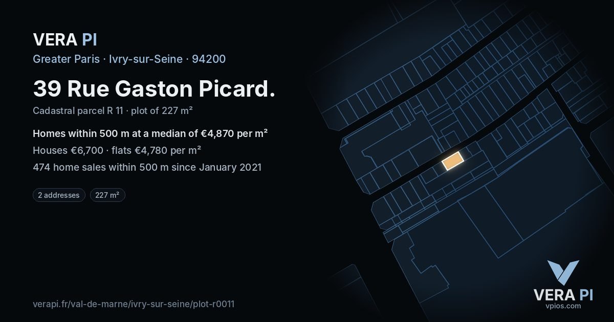 39 Rue Gaston Picard, Ivry-sur-Seine at night – the plot lit, the parcels around coloured by the prices near them