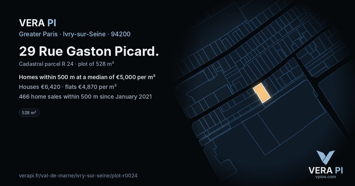 29 Rue Gaston Picard, Ivry-sur-Seine at night – the plot lit, the parcels around coloured by the prices near them