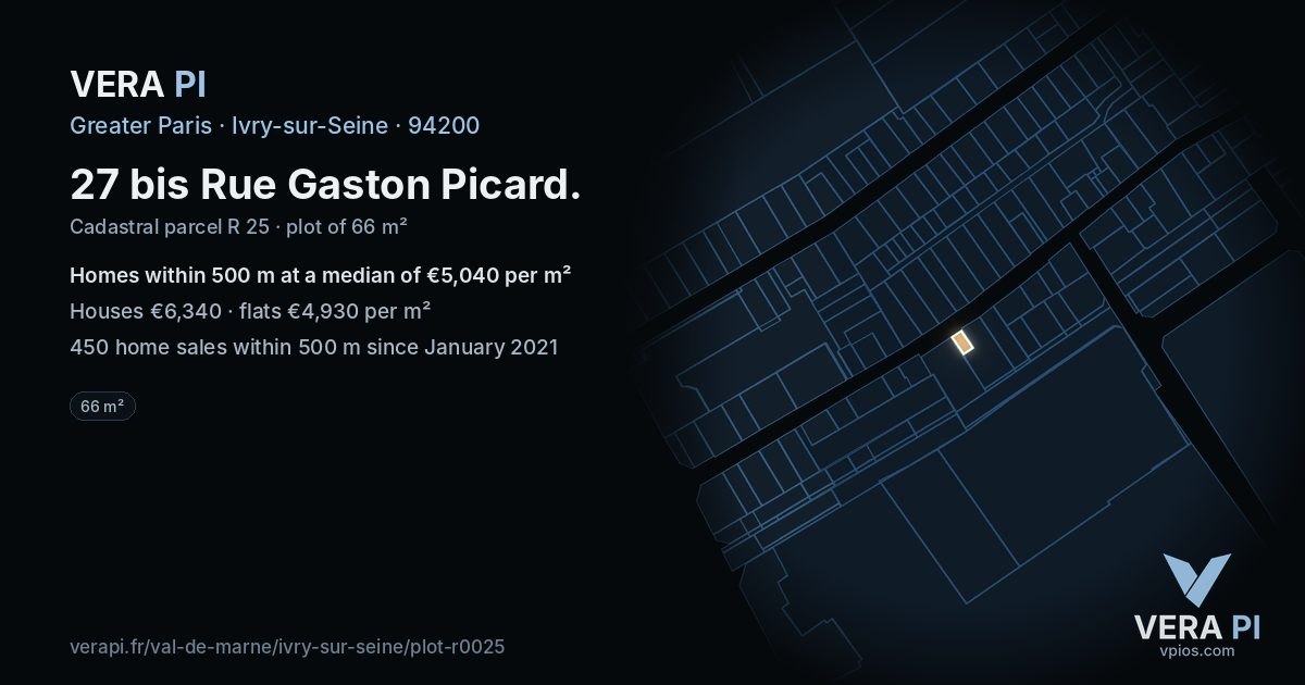 27 bis Rue Gaston Picard, Ivry-sur-Seine at night – the plot lit, the parcels around coloured by the prices near them