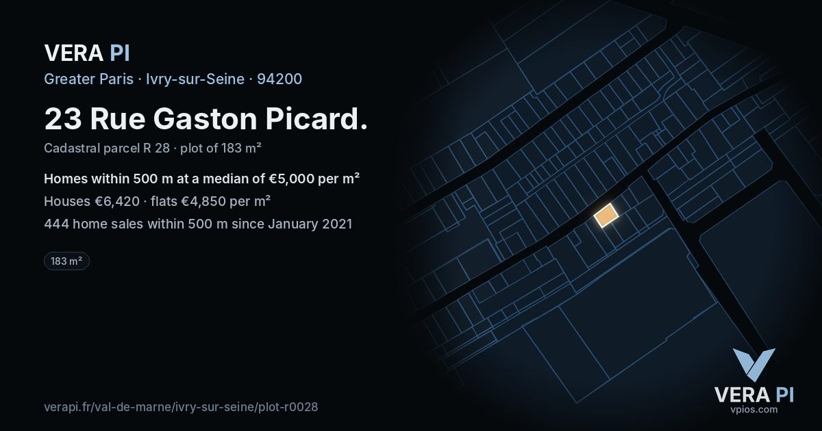 23 Rue Gaston Picard, Ivry-sur-Seine at night – the plot lit, the parcels around coloured by the prices near them