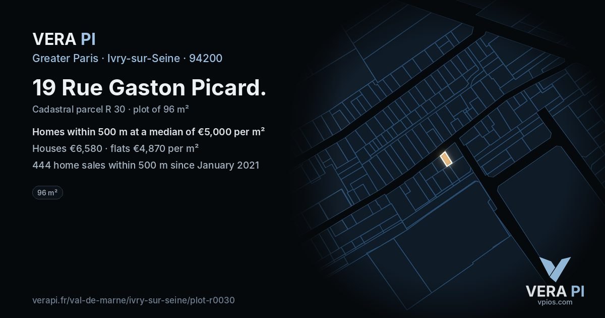 19 Rue Gaston Picard, Ivry-sur-Seine at night – the plot lit, the parcels around coloured by the prices near them