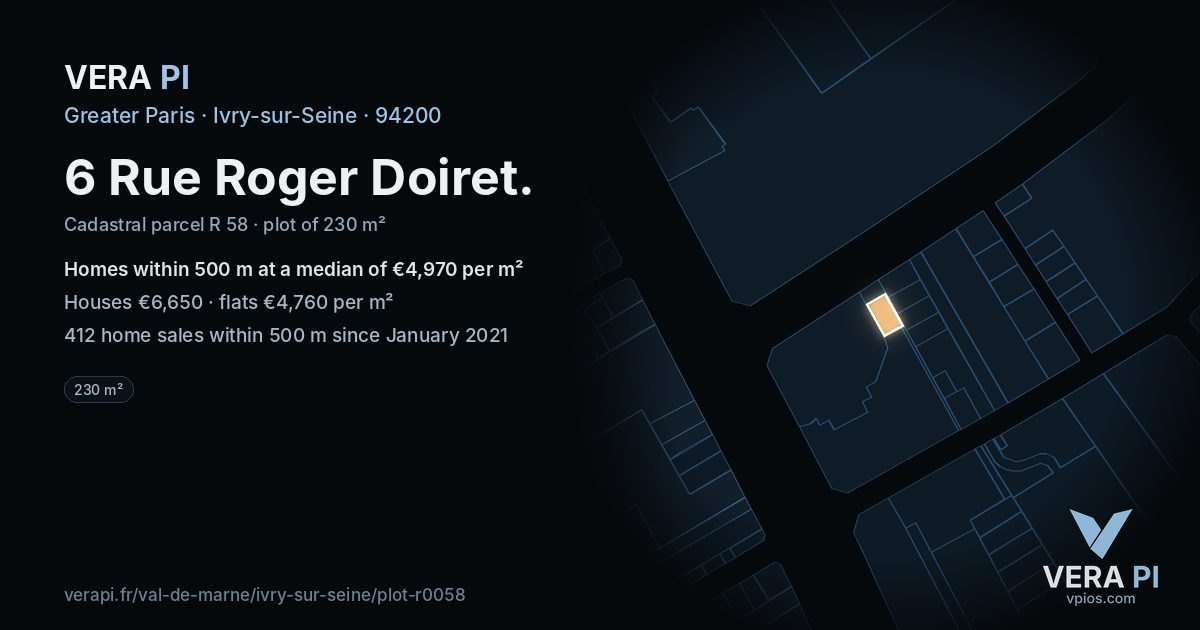 6 Rue Roger Doiret, Ivry-sur-Seine at night – the plot lit, the parcels around coloured by the prices near them