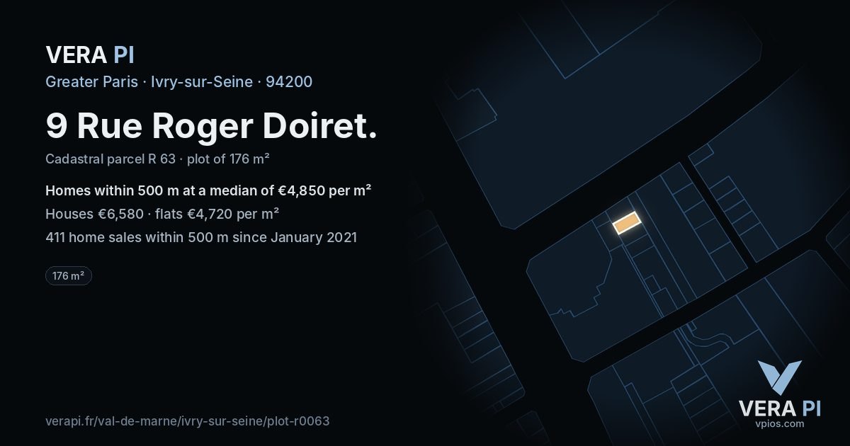 9 Rue Roger Doiret, Ivry-sur-Seine at night – the plot lit, the parcels around coloured by the prices near them