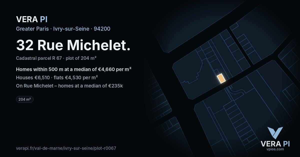 32 Rue Michelet, Ivry-sur-Seine at night – the plot lit, the parcels around coloured by the prices near them