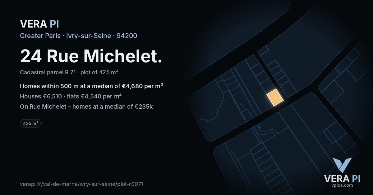 24 Rue Michelet, Ivry-sur-Seine at night – the plot lit, the parcels around coloured by the prices near them