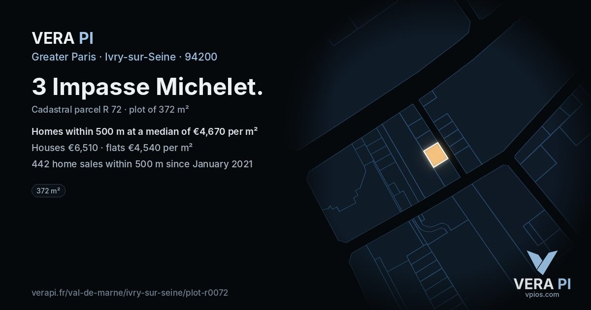 3 Impasse Michelet, Ivry-sur-Seine at night – the plot lit, the parcels around coloured by the prices near them