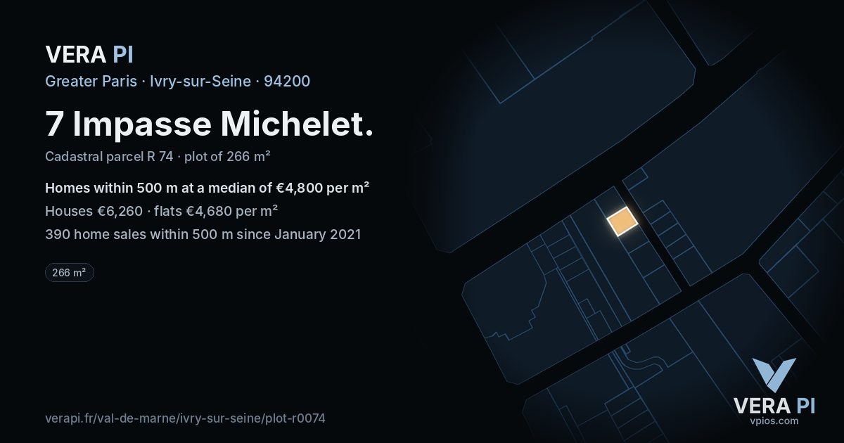 7 Impasse Michelet, Ivry-sur-Seine at night – the plot lit, the parcels around coloured by the prices near them