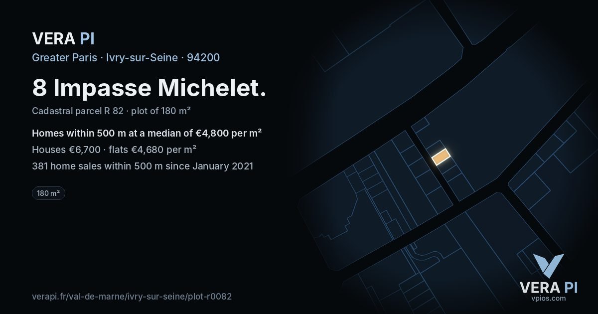 8 Impasse Michelet, Ivry-sur-Seine at night – the plot lit, the parcels around coloured by the prices near them