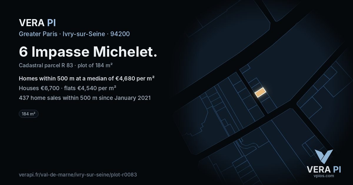 6 Impasse Michelet, Ivry-sur-Seine at night – the plot lit, the parcels around coloured by the prices near them