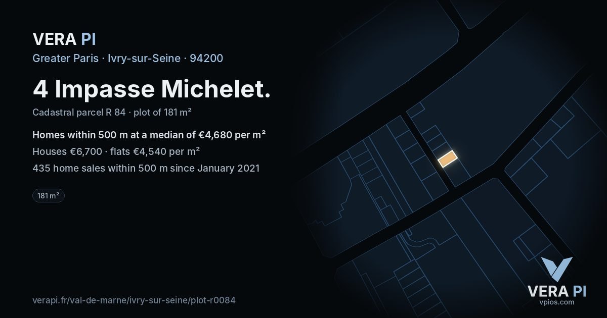 4 Impasse Michelet, Ivry-sur-Seine at night – the plot lit, the parcels around coloured by the prices near them