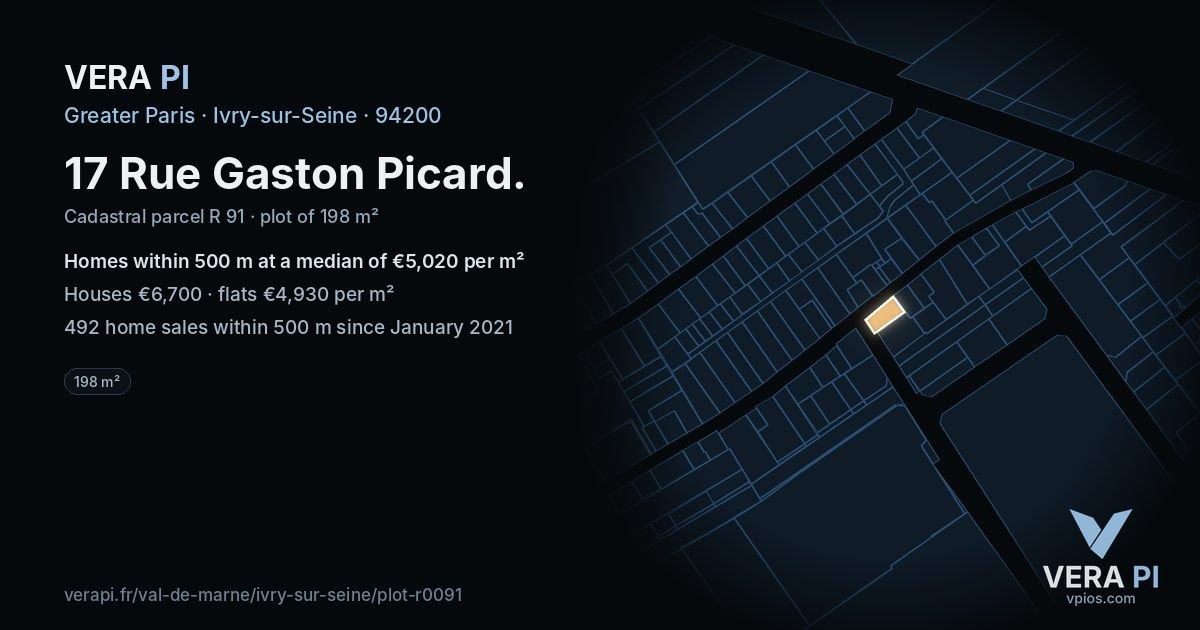 17 Rue Gaston Picard, Ivry-sur-Seine at night – the plot lit, the parcels around coloured by the prices near them