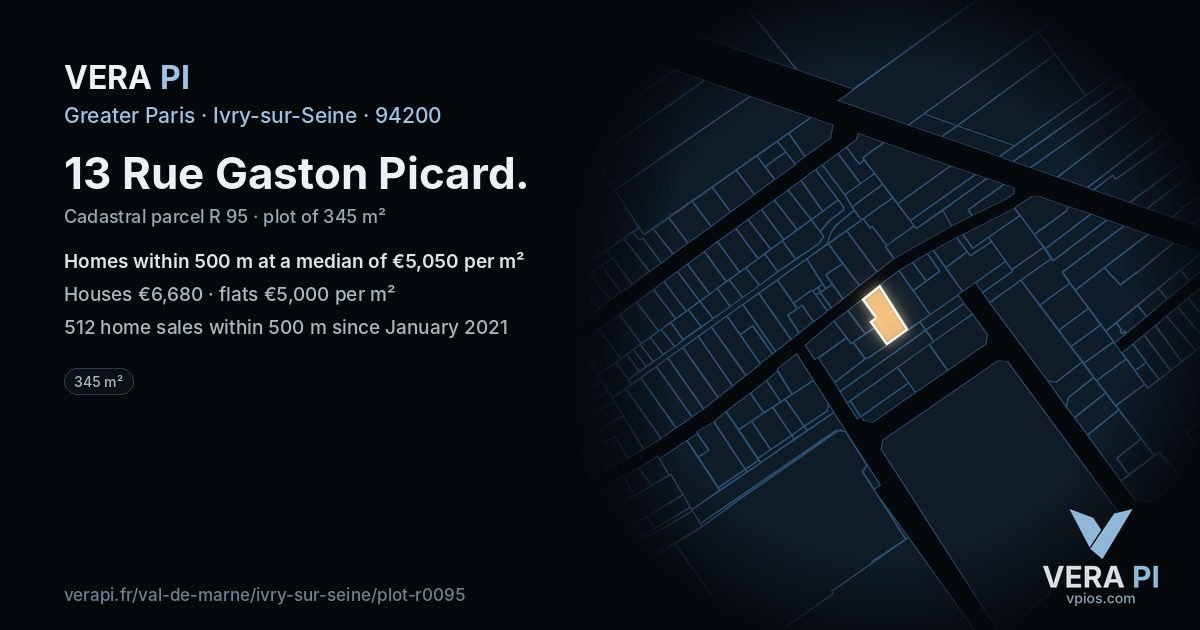 13 Rue Gaston Picard, Ivry-sur-Seine at night – the plot lit, the parcels around coloured by the prices near them