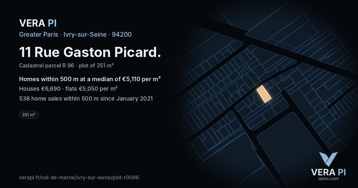 11 Rue Gaston Picard, Ivry-sur-Seine at night – the plot lit, the parcels around coloured by the prices near them
